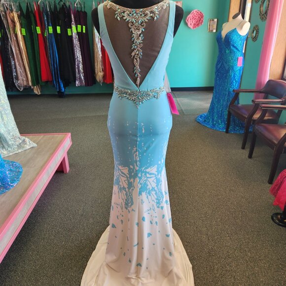 Envious 17119 Size 6 Aqua/Ivory Jersey Knit Print Prom Dress Evening Formal - Picture 6 of 9